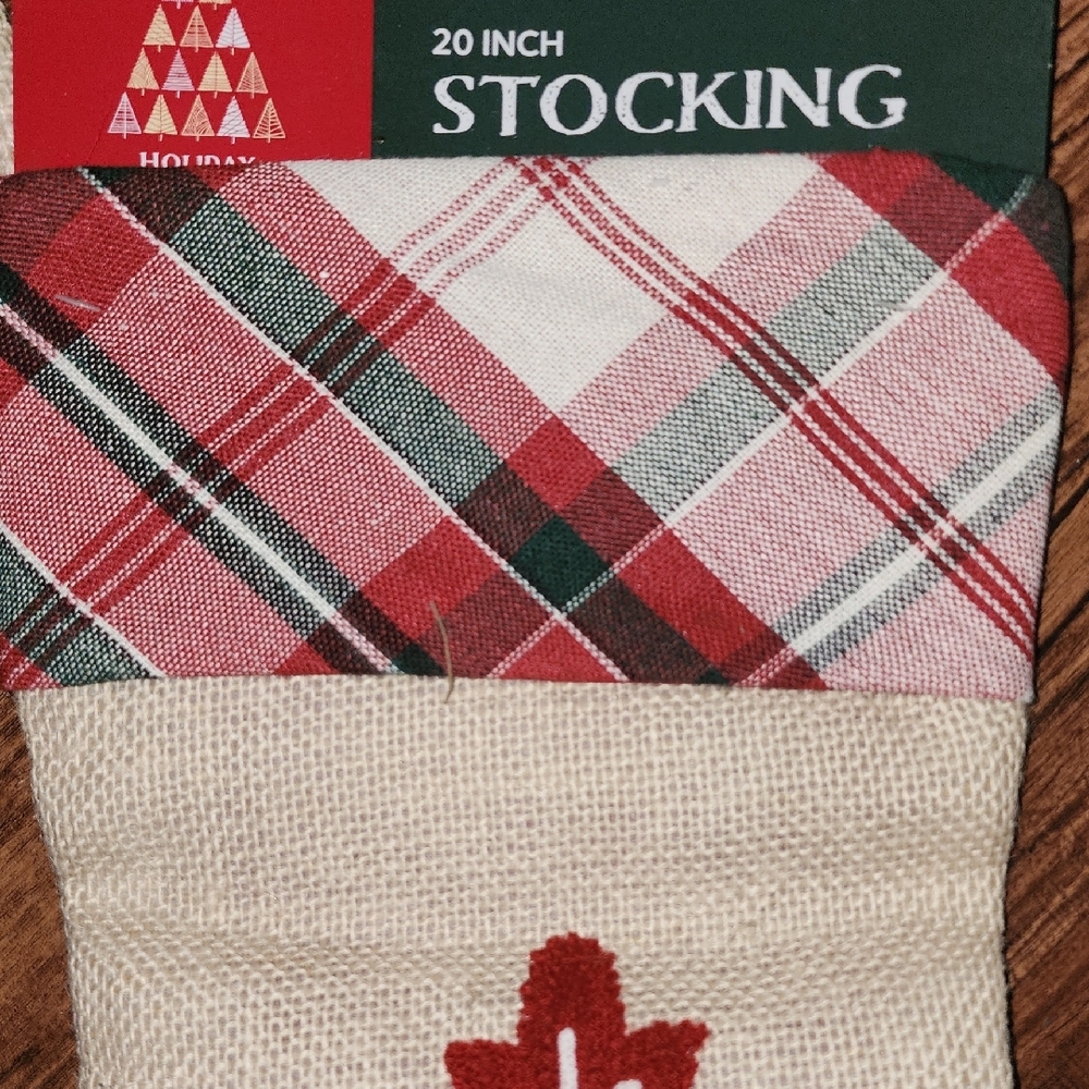 New Holiday Woodlands Red & Cream Plaid Snowflake Burlap 20" Christmas Stocking - Picture 3 of 6
